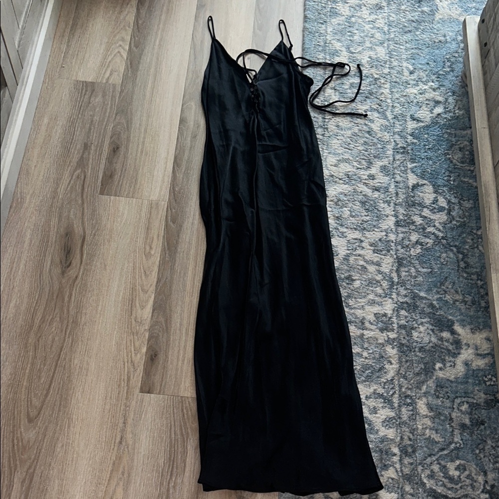 Zara Black Slip Maxi Dress with Lace-Up Front